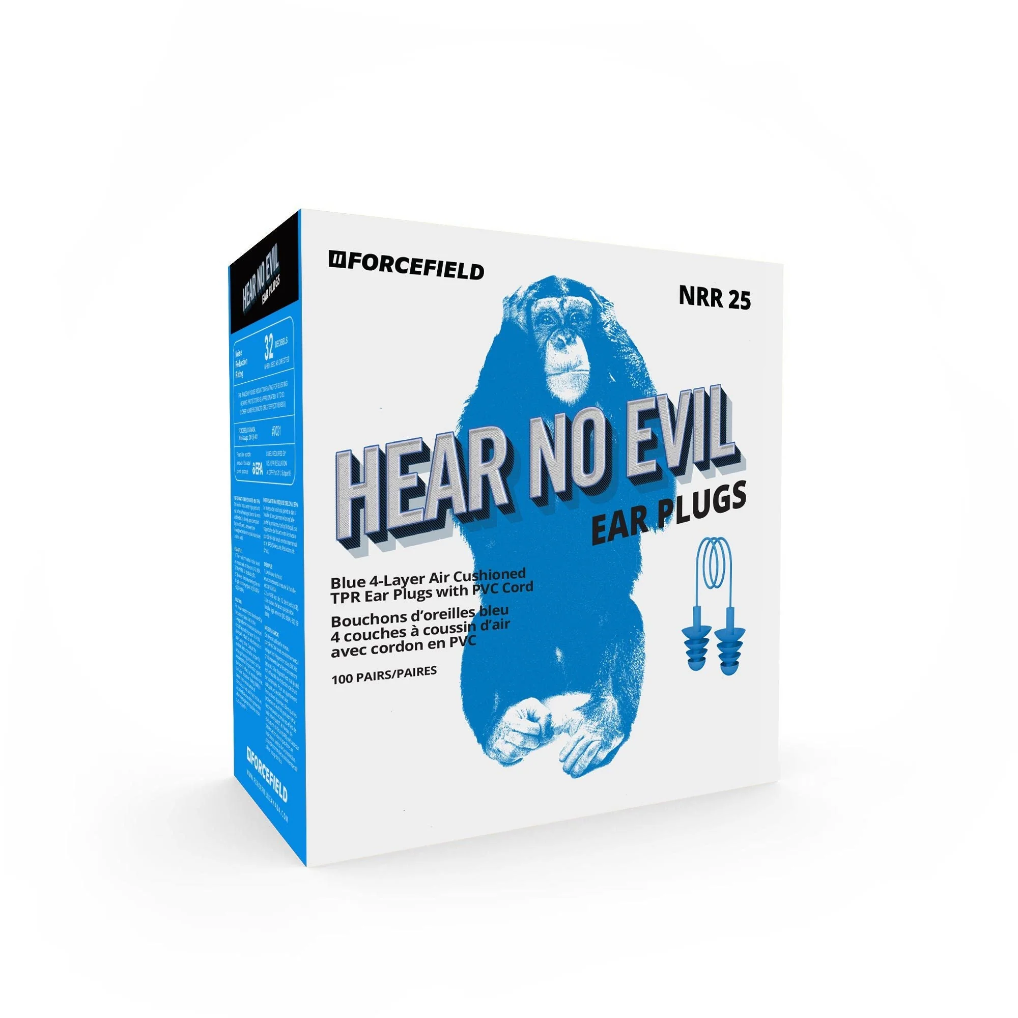 Forcefield "Hear No Evil" Blue Corded TPR Metal Detectable Earplugs, Box of 100 Pair
