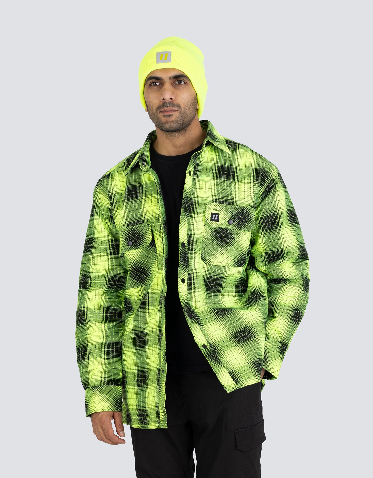 Forcefield Hi Vis Black Shadow Plaid Quilted Flannel Shirt Jacket