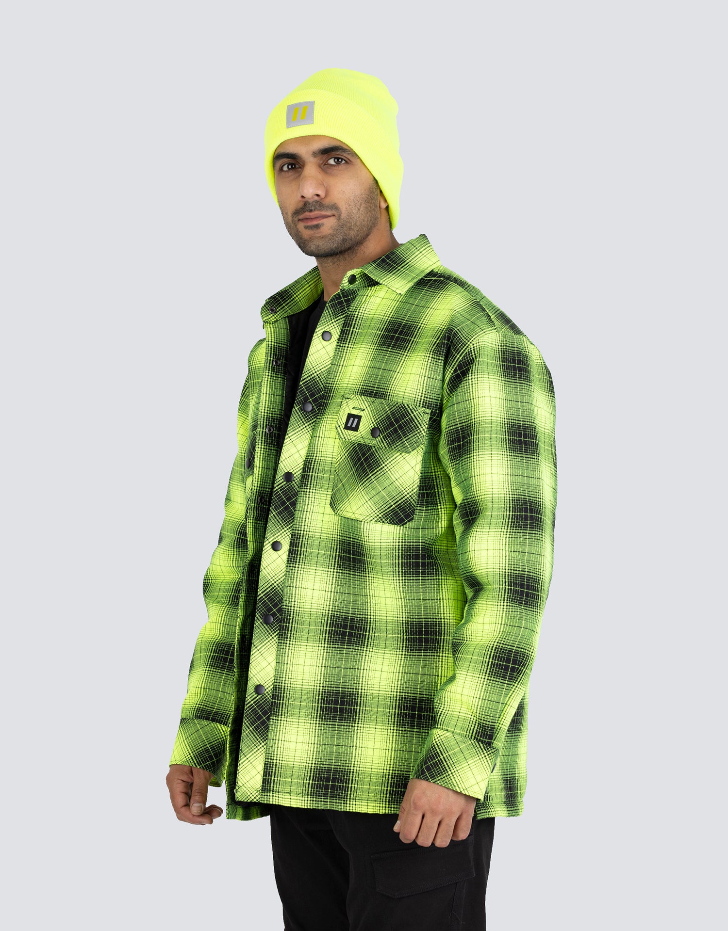 Forcefield Hi Vis Black Shadow Plaid Quilted Flannel Shirt Jacket - Image 2