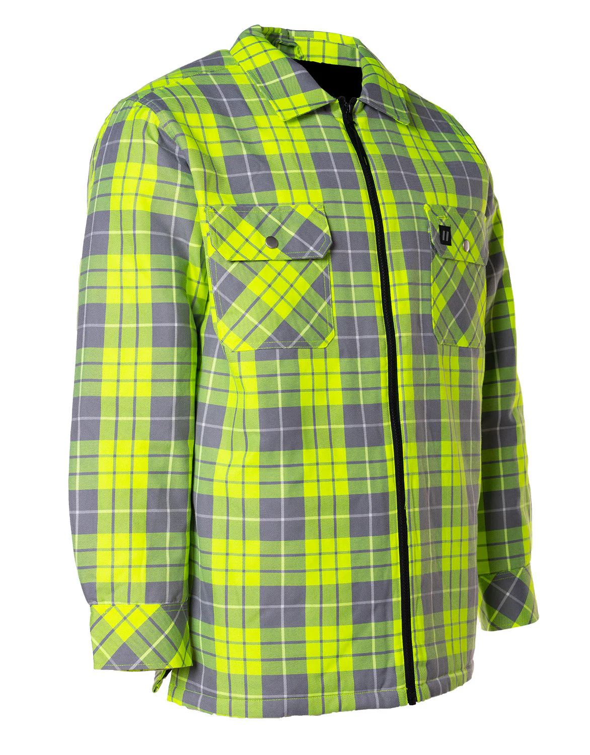 Forcefield Hi Vis Lime Plaid Quilted Flannel Shirt Jacket with Front Zip