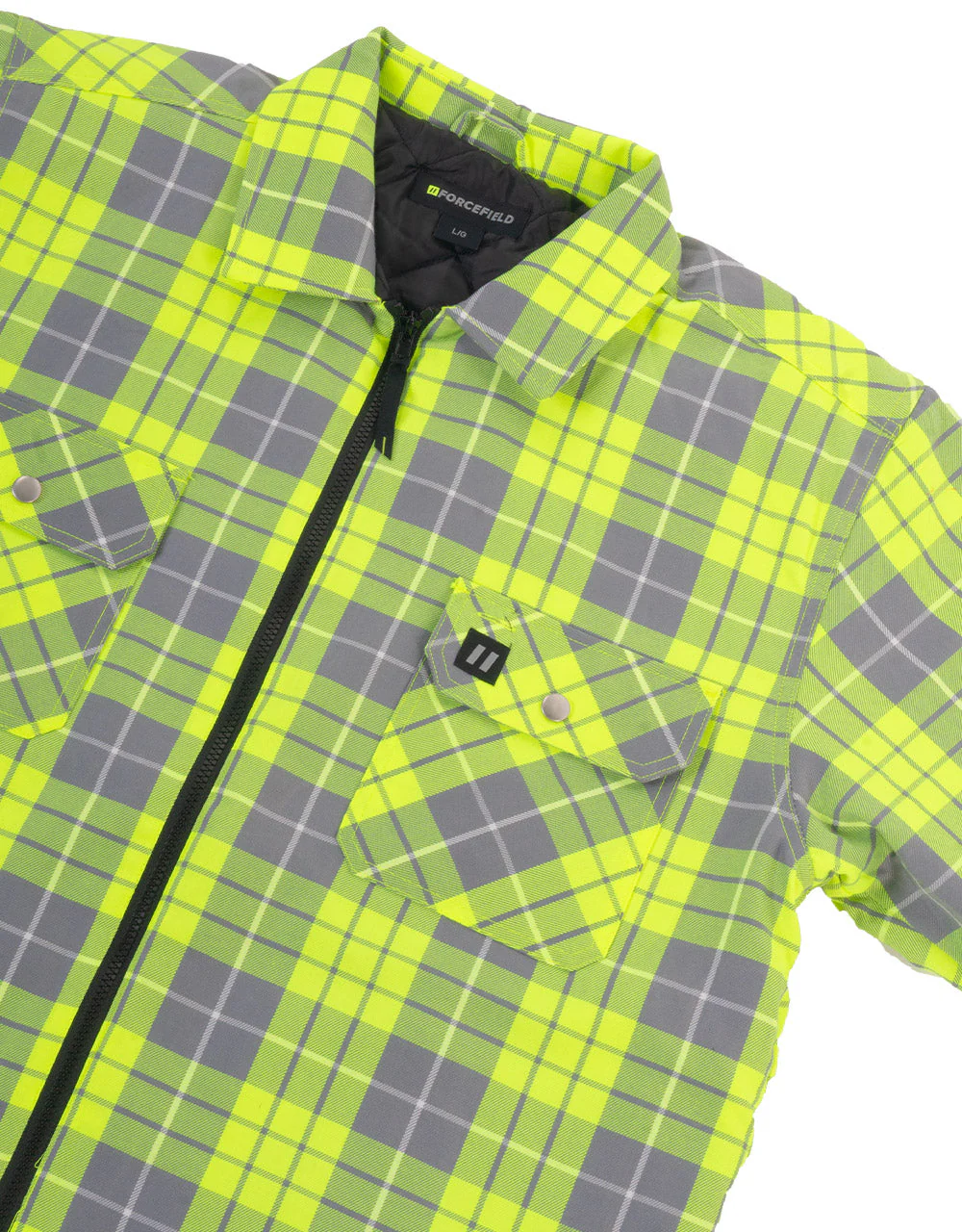 Forcefield Hi Vis Lime Plaid Quilted Flannel Shirt Jacket with Front Zip - Image 2