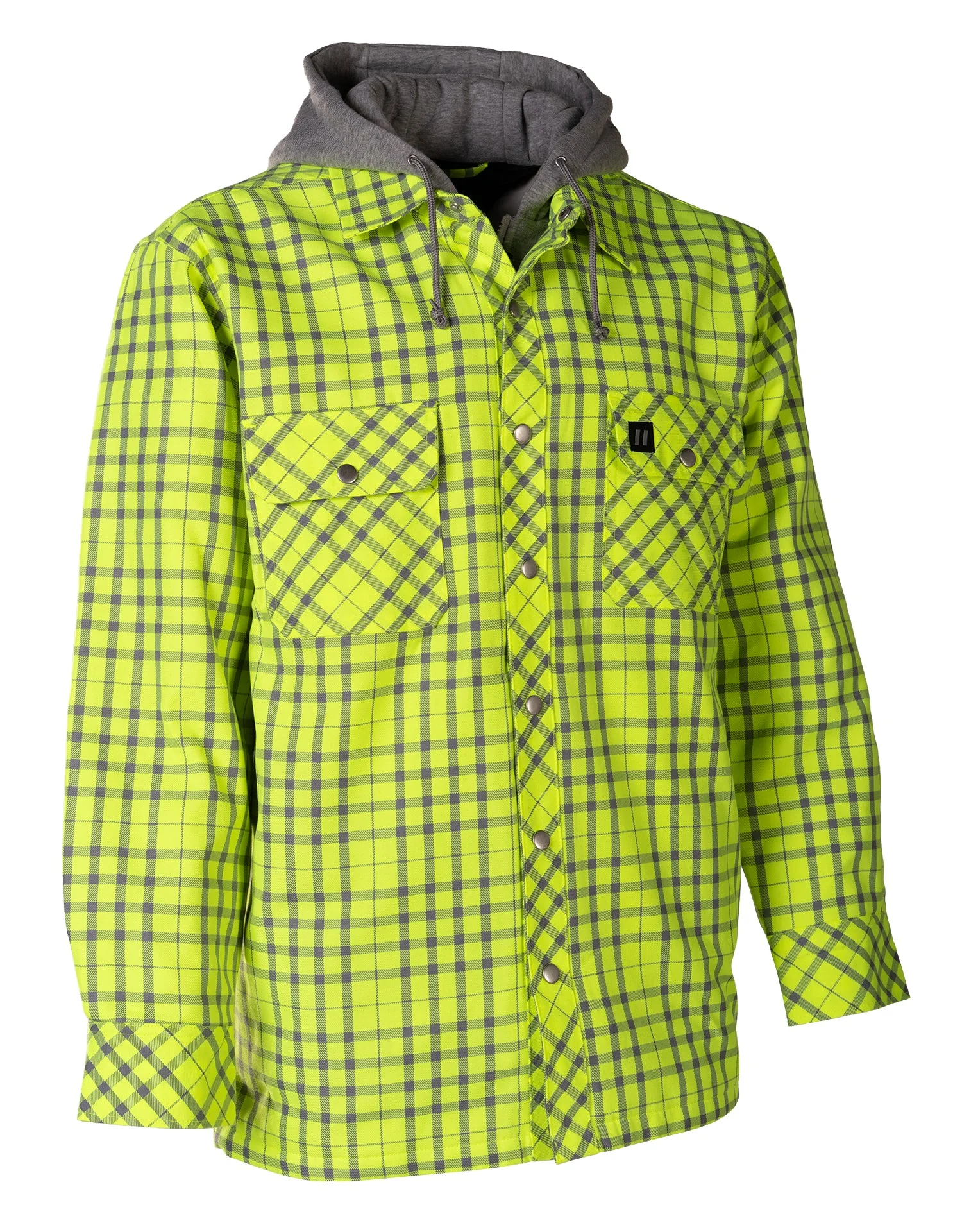 Forcefield Hi Vis Lime Silver Micro Plaid Hooded Quilt-Lined Flannel Shirt Jacket
