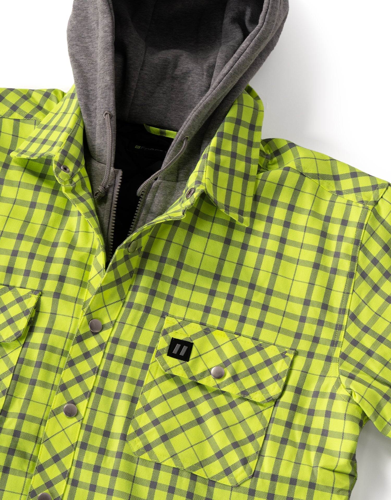 Forcefield Hi Vis Lime Silver Micro Plaid Hooded Quilt-Lined Flannel Shirt Jacket - Image 2