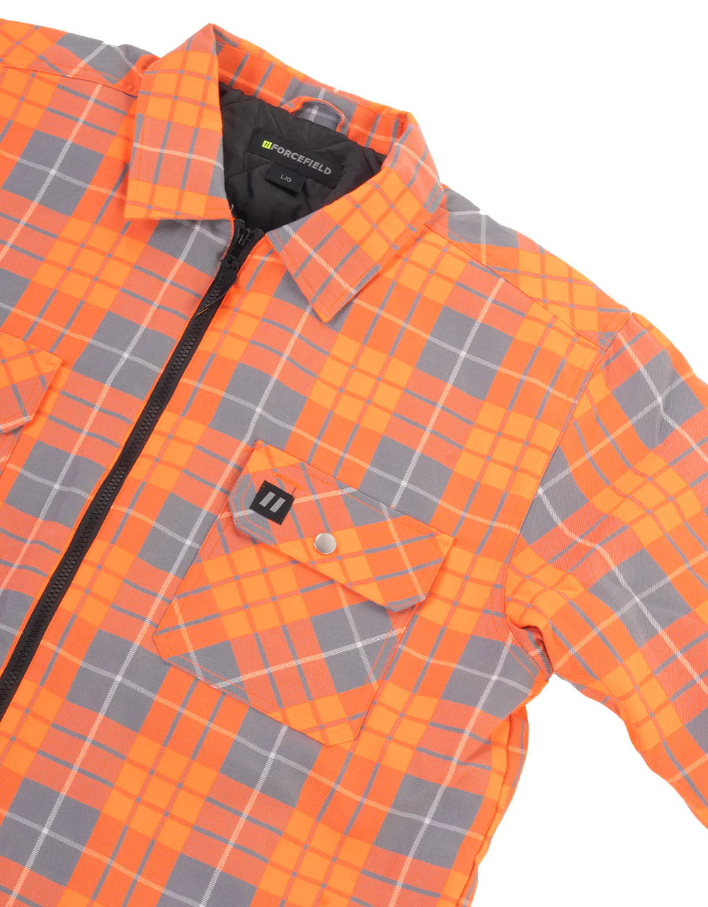 Forcefield Hi Vis Orange Plaid Quilted Flannel Shirt Jacket with Front Zip - Image 2
