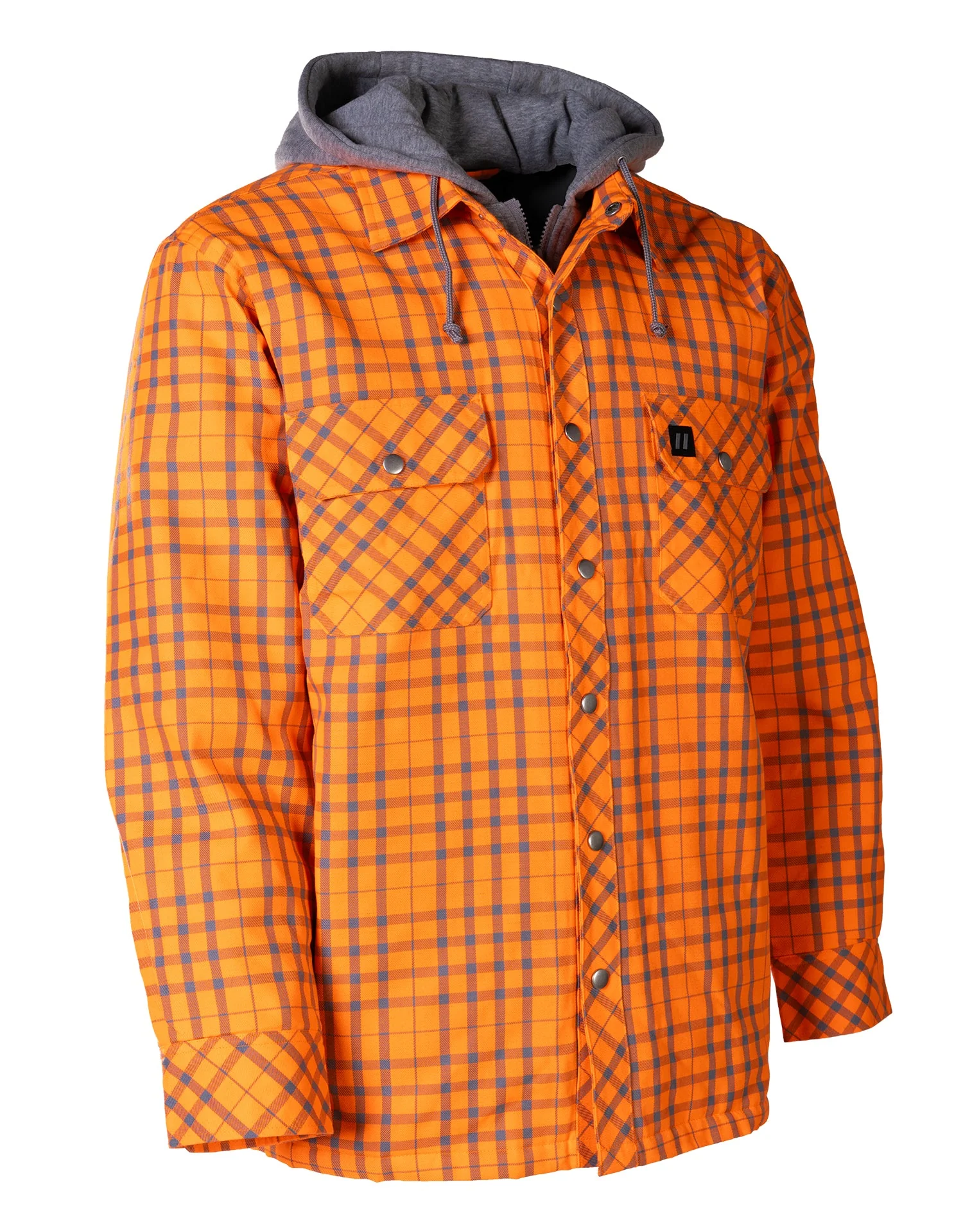 Forcefield Hi Vis Orange/Silver Micro Plaid Hooded Quilt-Lined Flannel Shirt Jacket
