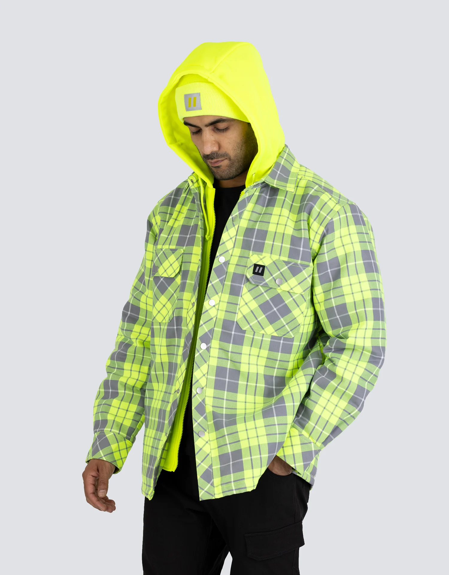 Forcefield Hi Vis Hooded Plaid Quilt-Lined Flannel Shirt Jacket - Image 3