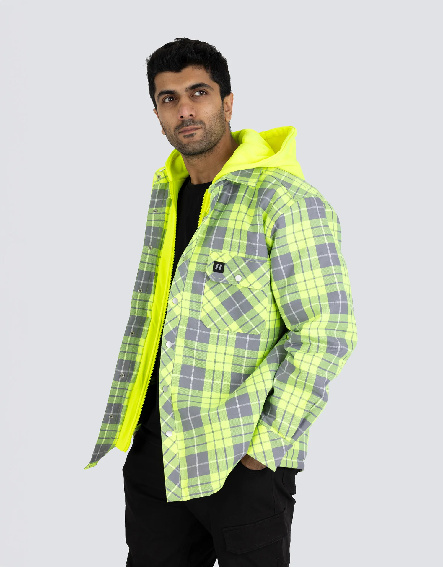 Forcefield Hi Vis Hooded Plaid Quilt-Lined Flannel Shirt Jacket - Image 4