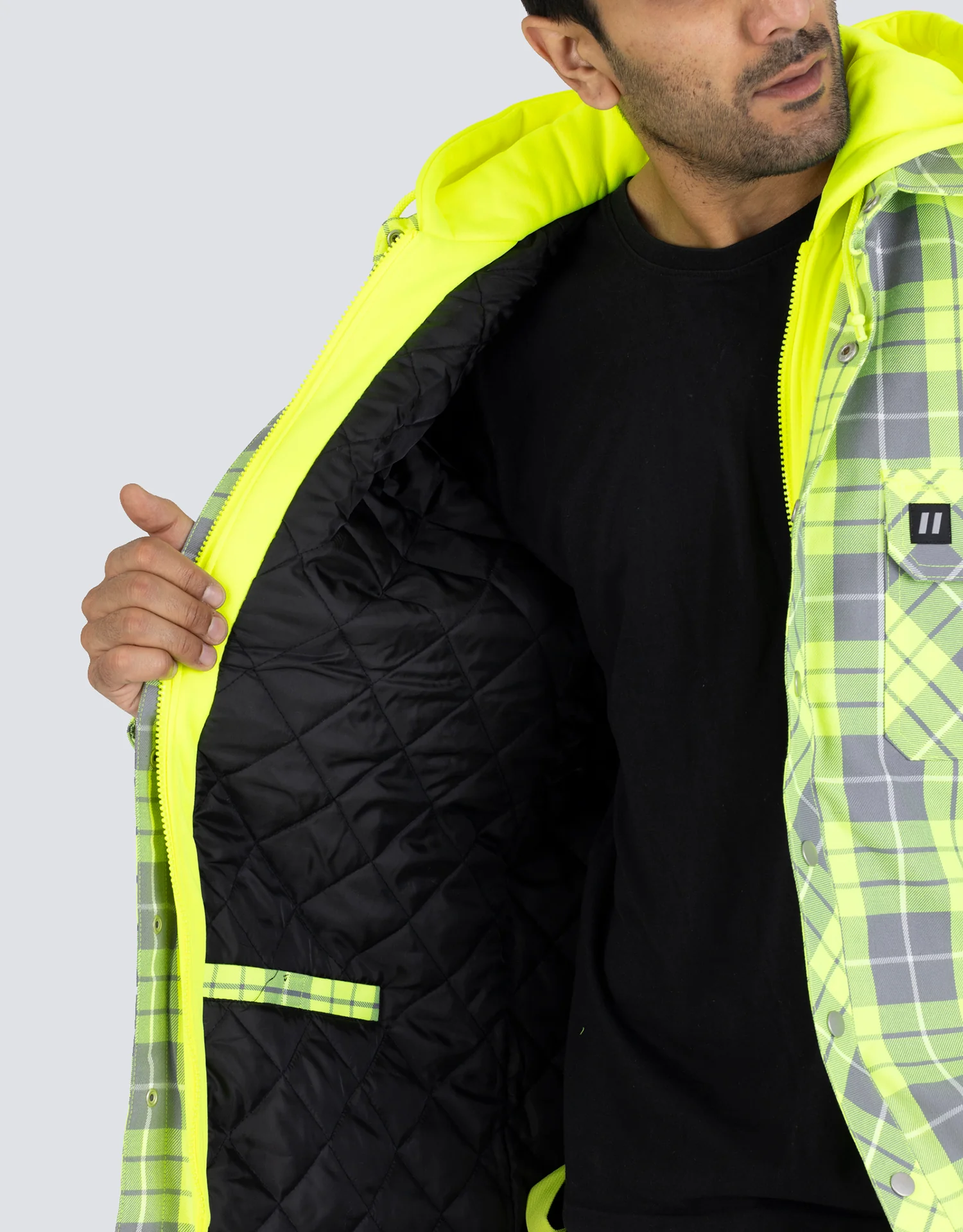 Forcefield Hi Vis Hooded Plaid Quilt-Lined Flannel Shirt Jacket - Image 6