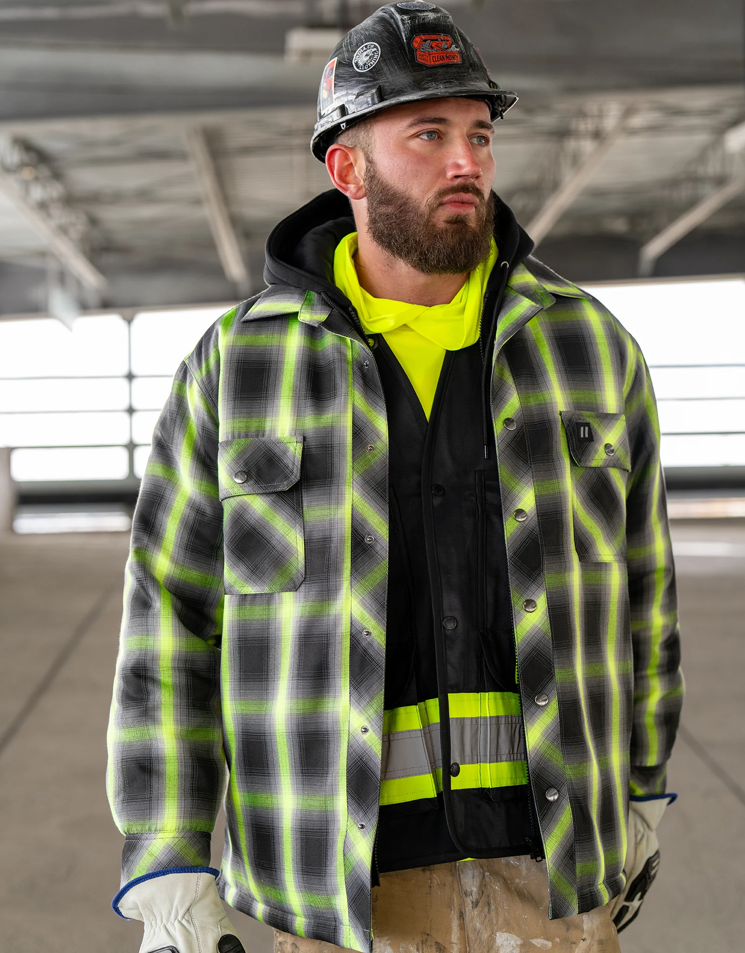Forcefield Lime Ombre Plaid Hooded Quilt-lined Shirt Jacket