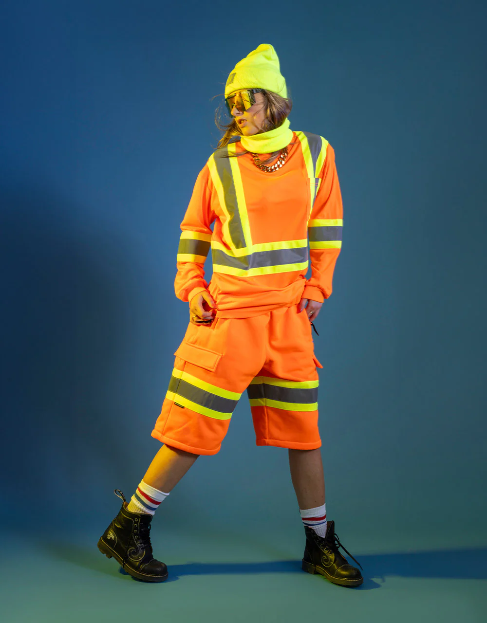 Forcefield Women's Hi Vis Crew Neck Long Sleeve Safety Tee Shirt with Chest Pocket - Image 2