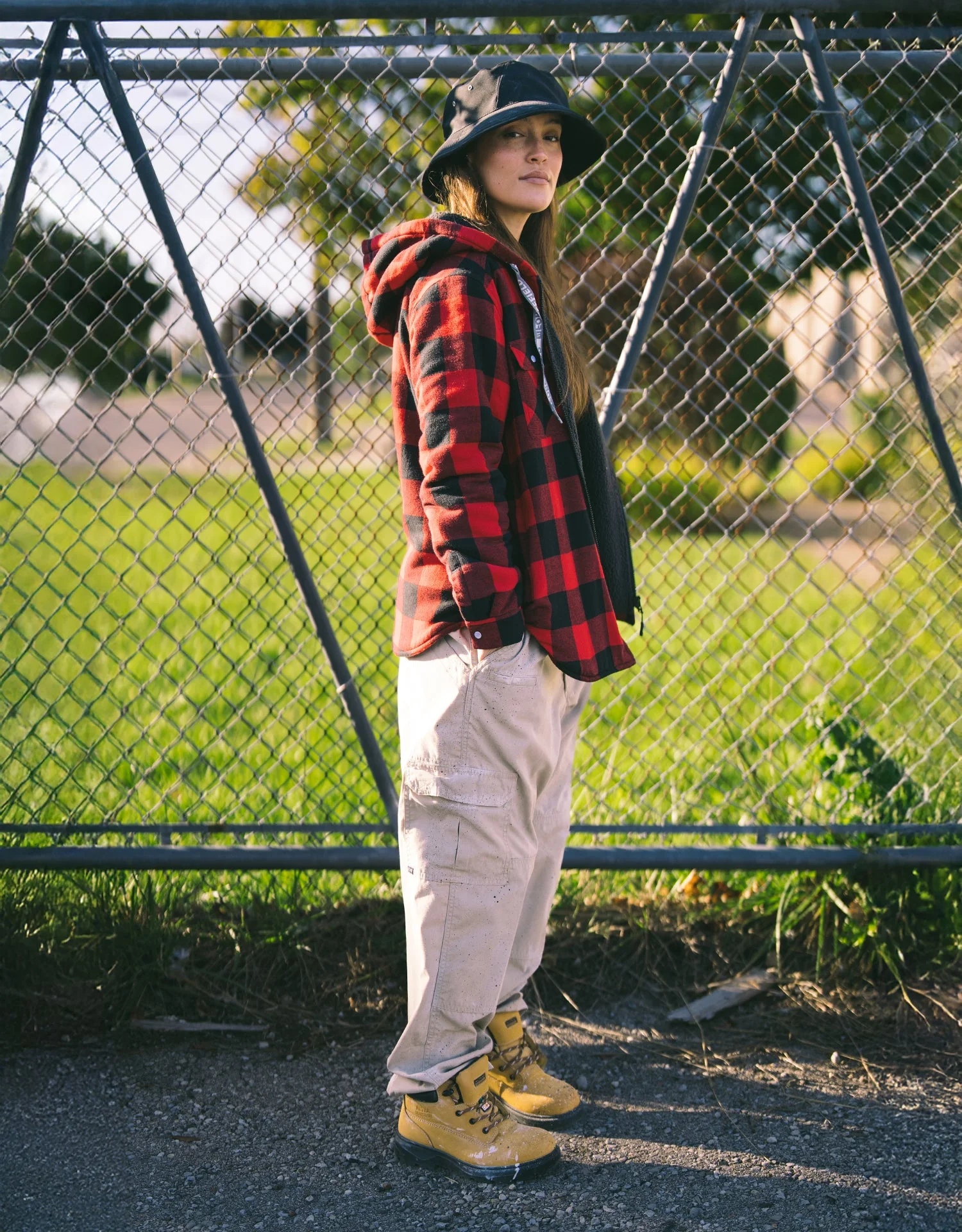 Forcefield Women's Hooded Sherpa-Lined Buffalo Plaid Flannel Shirt jacket